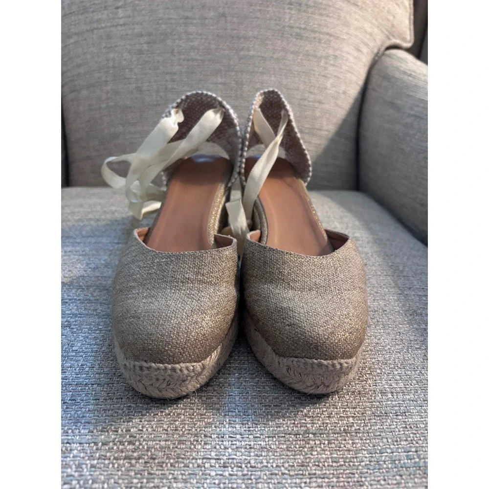 Castaner Carina Gold‎ Metallic Espadrille Wedge Sandals Ankle Tie Spain Size 38